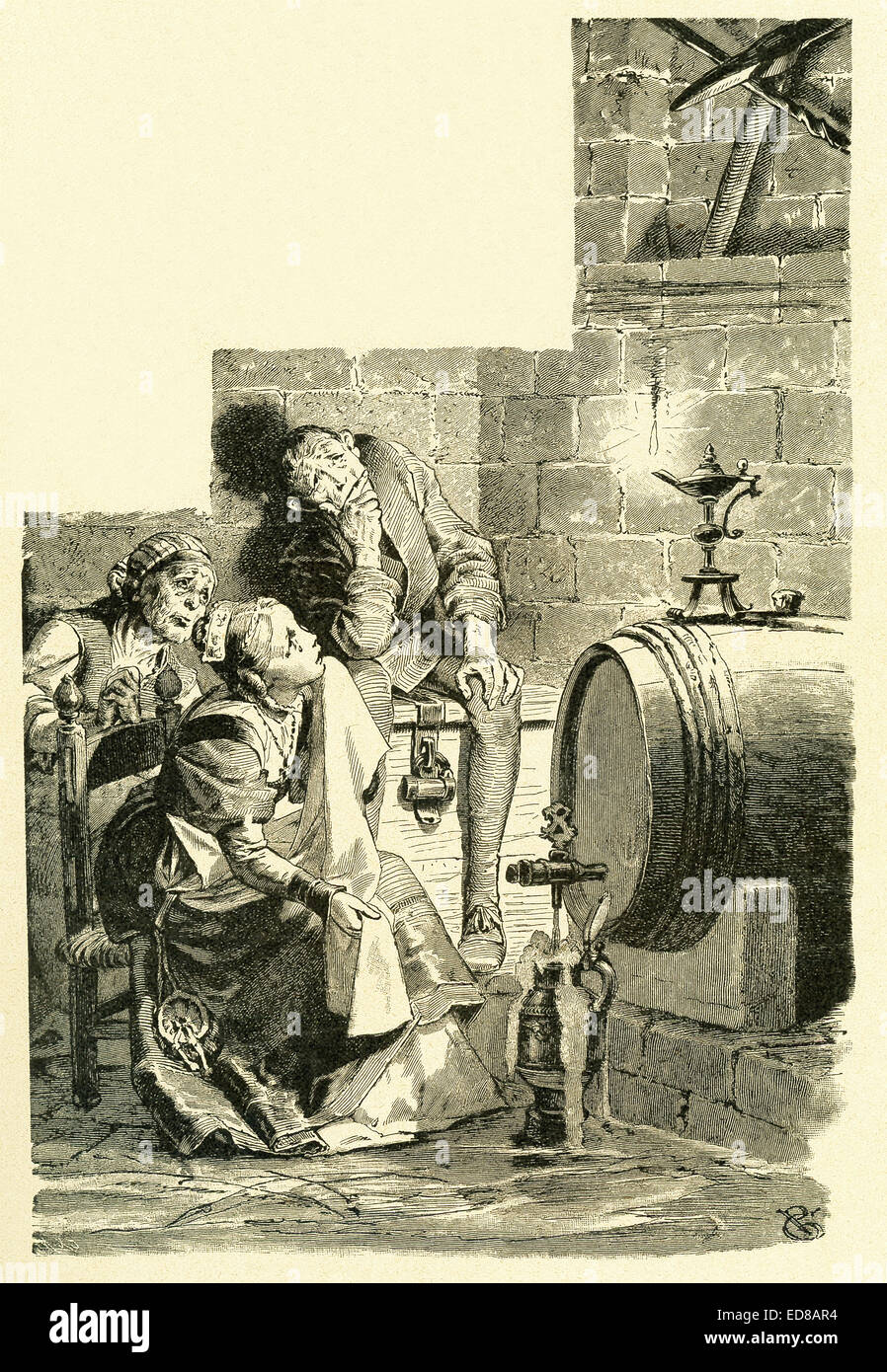 En 1812, les frères Grimm, Jacob et Wilhelm, publié contes pour enfants, une collection contes allemands. Cette illustration a accompagné l'autre 'conte' et montre d'autre et sa mère et son père à la pioche à la pensée d'autre qui pourrait tomber sur son enfant quand il est venu en bas des années plus tard si elle épouse le prétendant qui était venu à sa maison et ils ont eu un enfant. Cette image est de Grimms Eventyr (Grimm's Fairy Tales) par Carl Ewald, publié en 1922. Le frontispice a l'illustrations de Philip Grot Johann et R. Leinweber. Banque D'Images