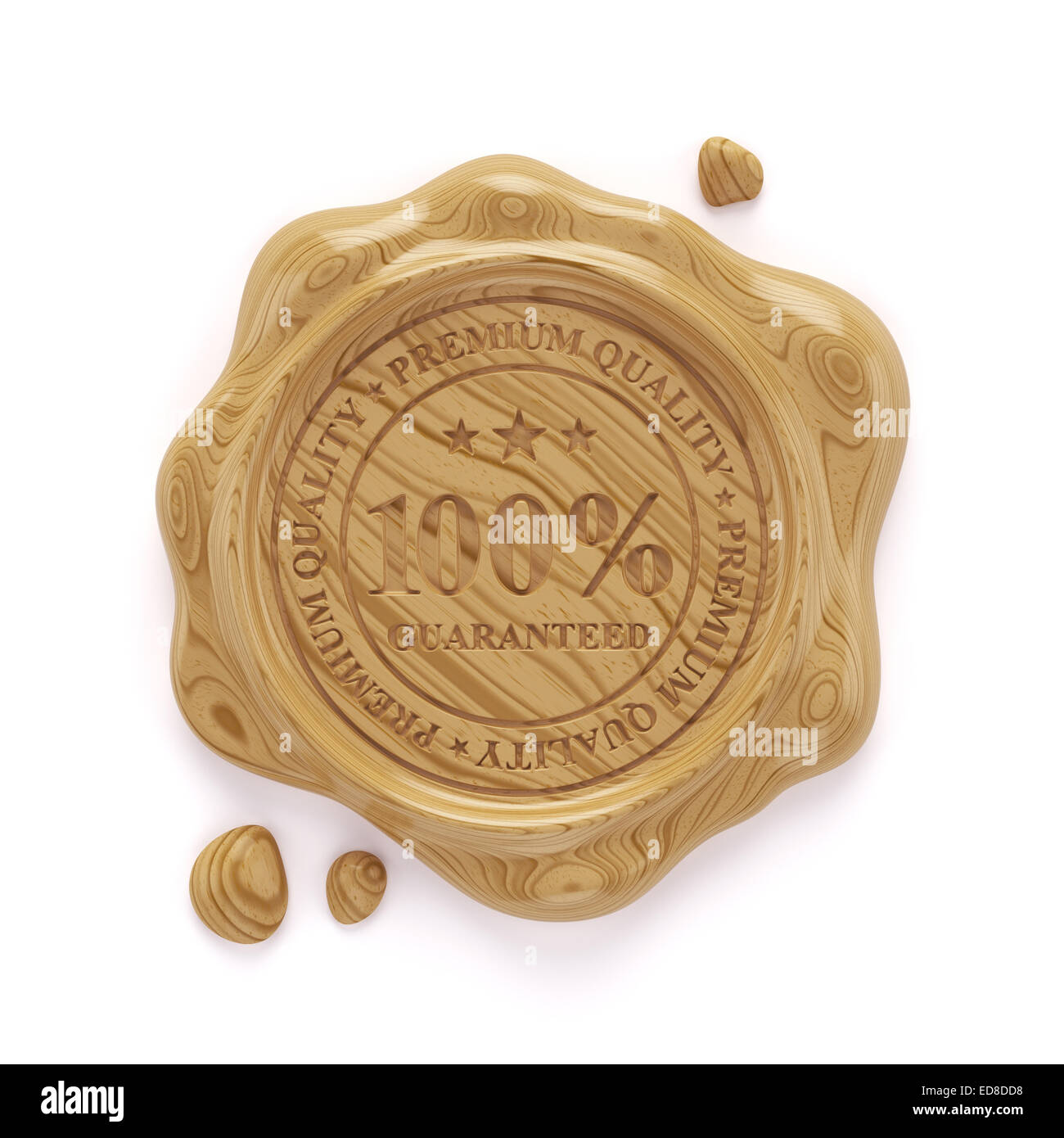 3D render of wooden sceau en cire 100 % premium quality stamp isolé sur fond blanc Banque D'Images