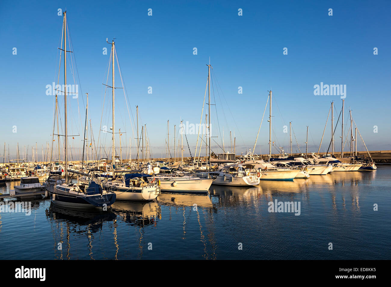 Yachts amarrés dans le port, Puerto Calero, Lanzarote, îles Canaries, Espagne Banque D'Images