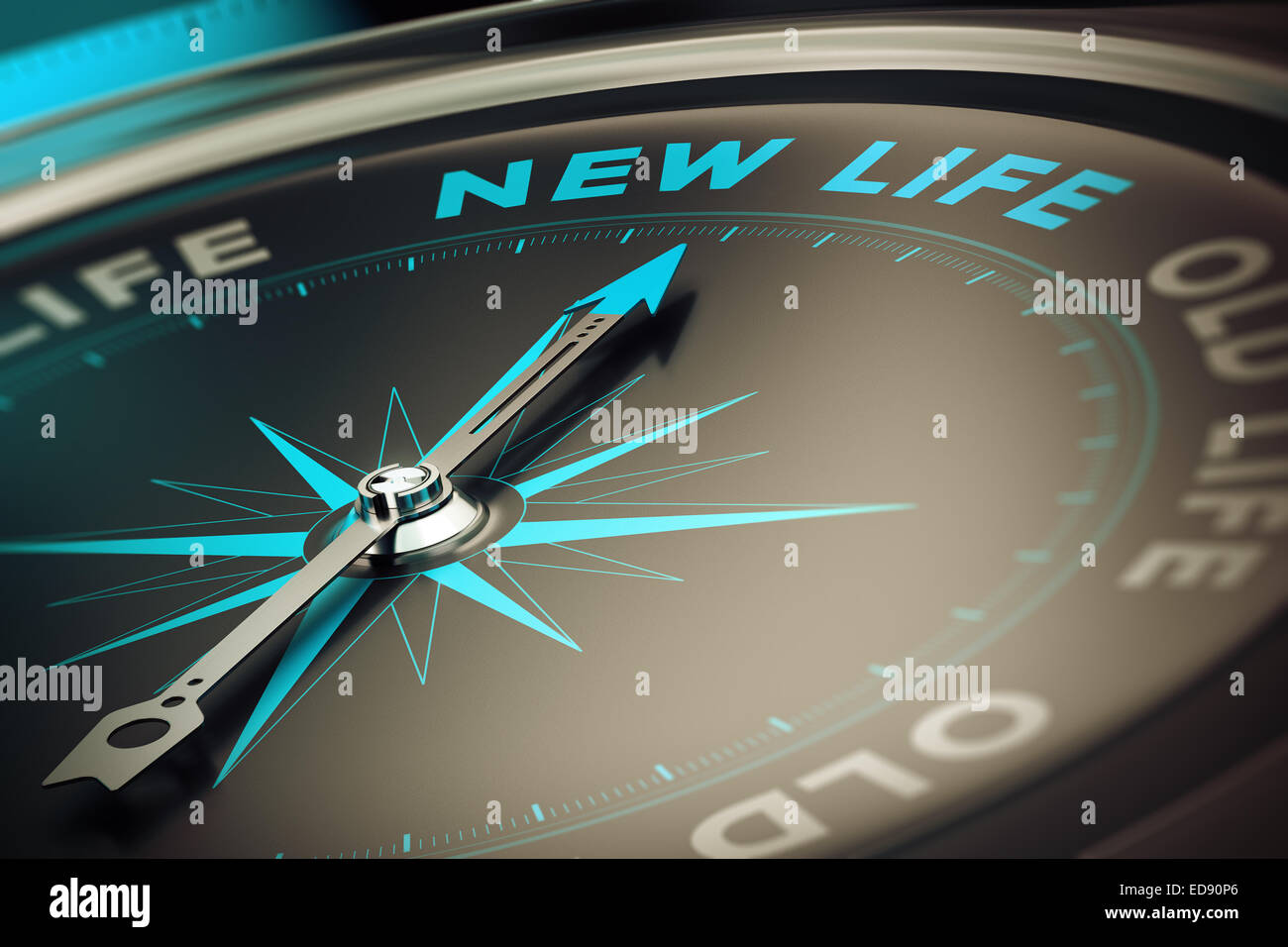 Boussole, l'aiguille dirigée vers le mot nouvelle vie, concept image pour illustrer le concept de motivation de changement. Banque D'Images