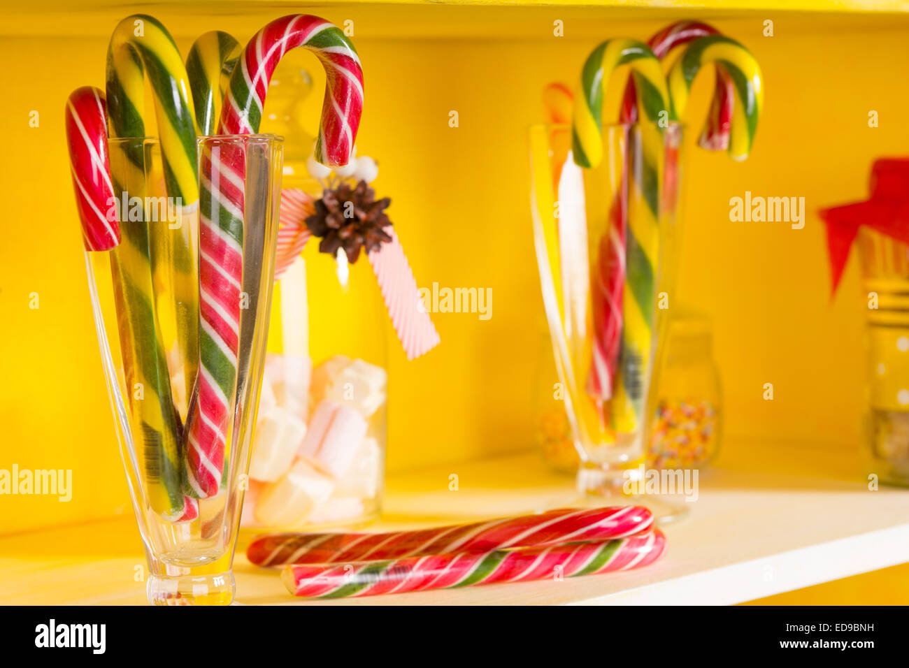 Des cannes de bonbon fête colorée dans des bocaux en verre affiche sur étagères jaune vif pour fêter Noël et les fêtes de fin d'année ou un Banque D'Images