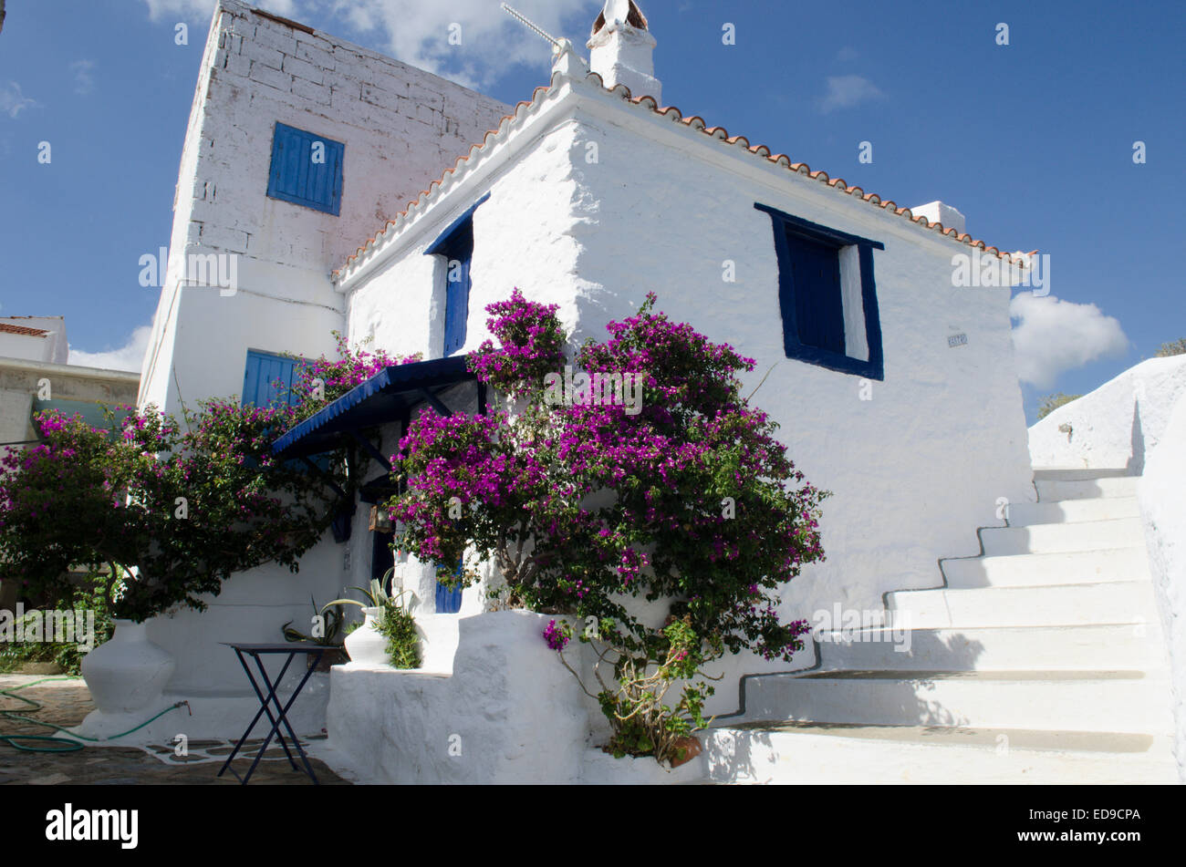 Scène typique dans la ville de Skopelos, île grecque. Étapes menant à la Kastro. Banque D'Images