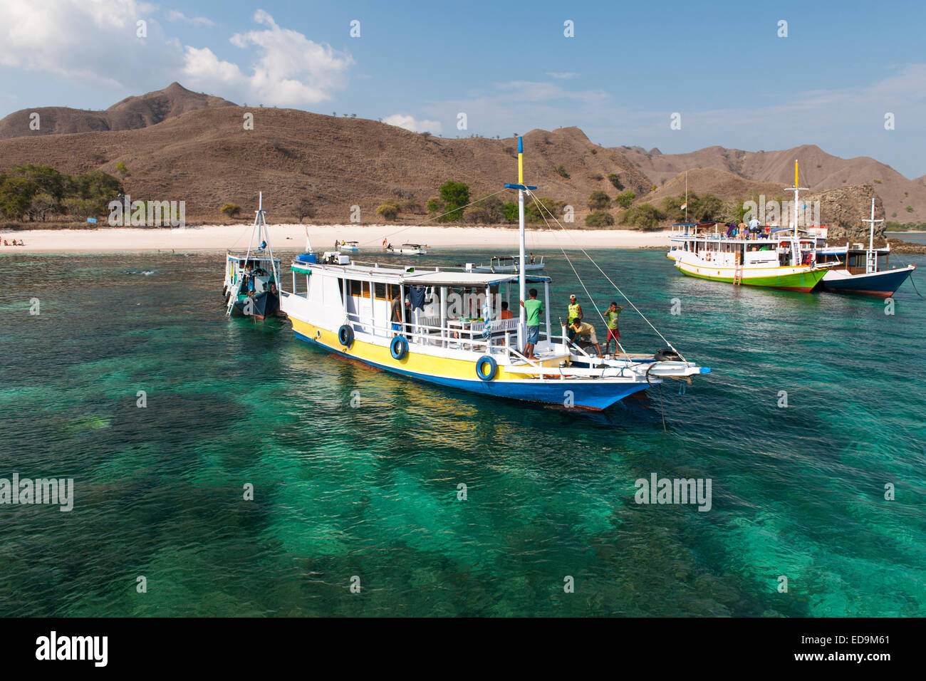 Bateaux touristiques ancré au large plage rose, une partie de l'île de Komodo, à l'Est de Nusa Tenggara, en Indonésie. Banque D'Images