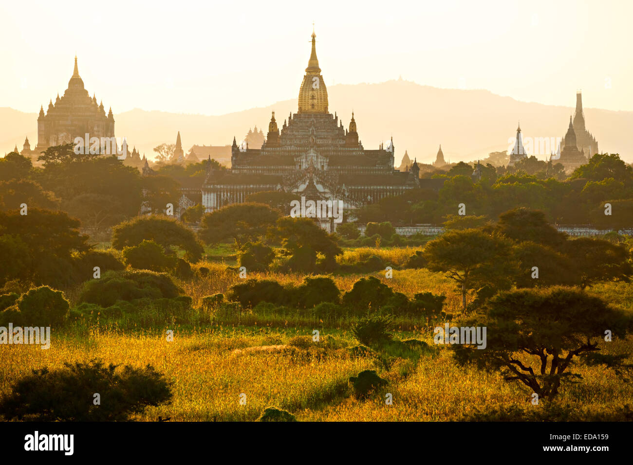 Silhouette de Pagodes au lever du soleil, Plaine de Bagan, Myanmar. Banque D'Images