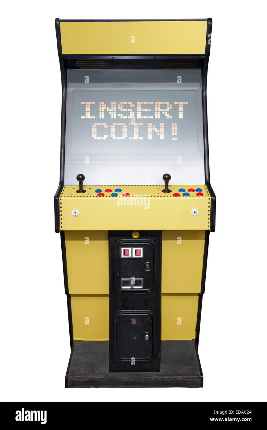 Vintage jeu vidéo avec écran Insérez une pièce isolated on white Banque D'Images
