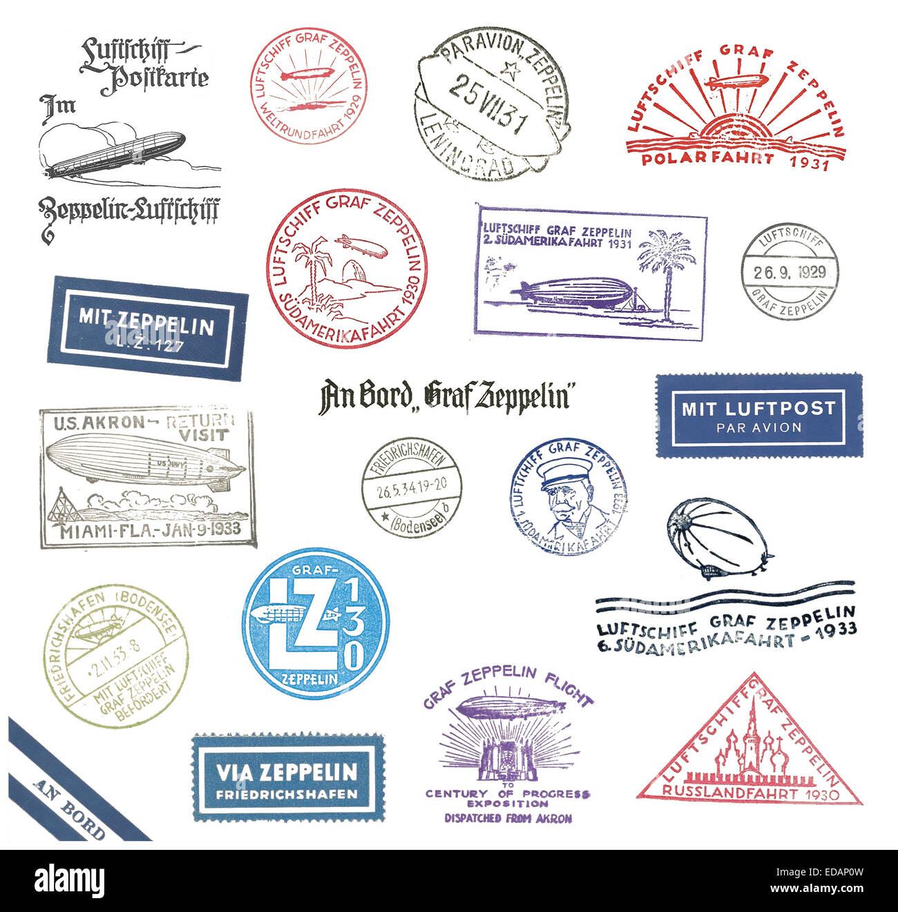 Timbres Poste aérienne Zeppelin historique et étiquettes de Allemagne Banque D'Images