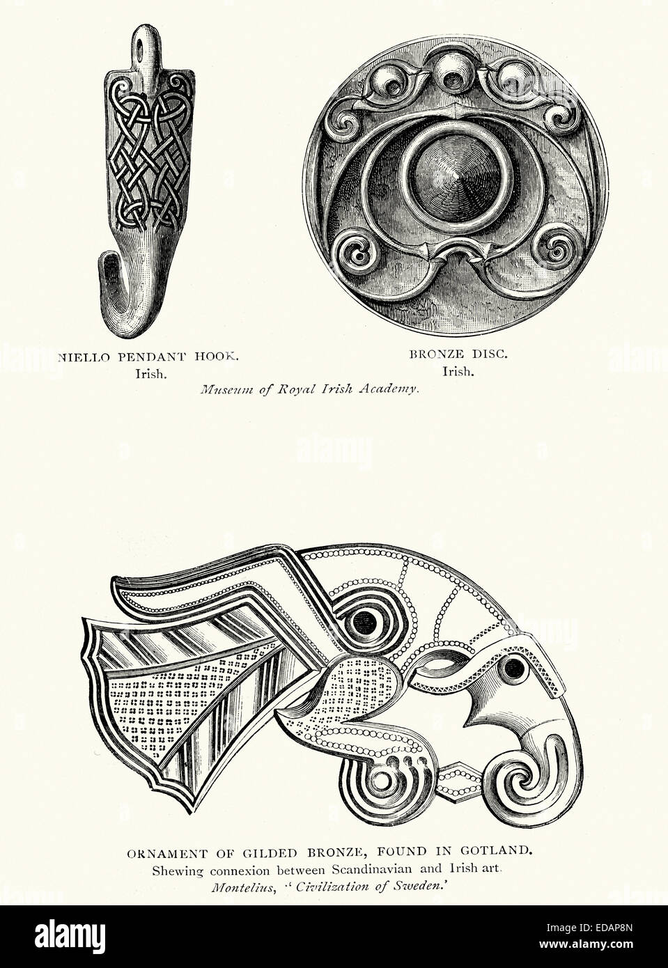 Old Irish artefacts. Niello crochet de poignée, Disque de bronze et de l'ornement de bronze doré trouvés à Gotland. La connexion entre l'ensemencement Banque D'Images