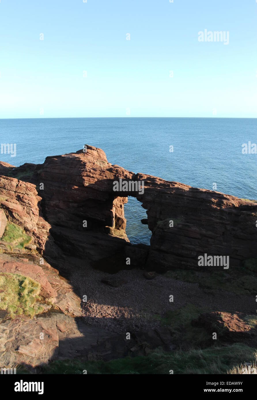 Aiguille e'e rock arch dans le grès rouge des falaises seaton angus scotland janvier 2015 Banque D'Images