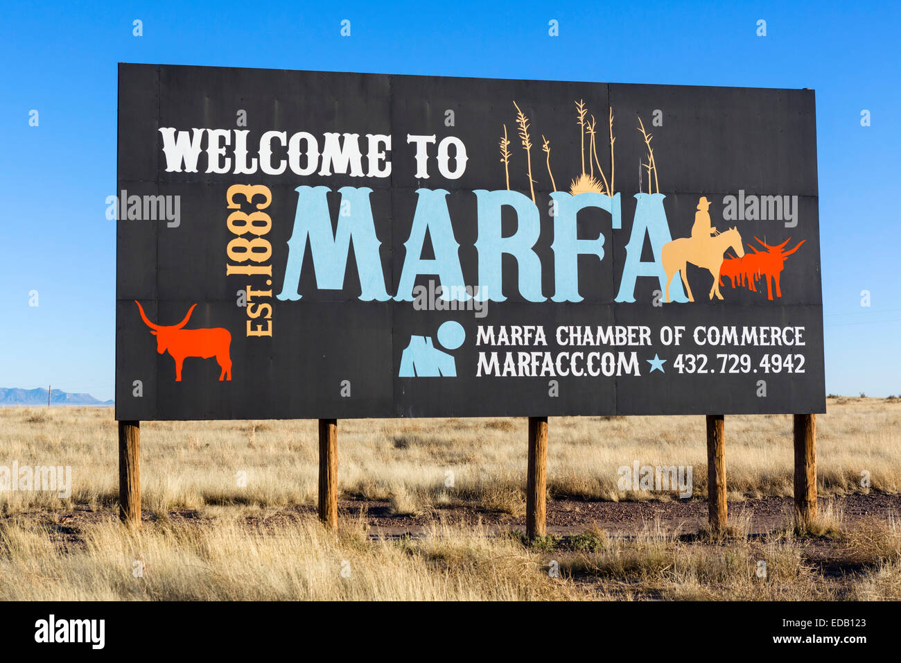 Panneau de bienvenue à l'extérieur de Marfa, Texas, États-Unis Banque D'Images