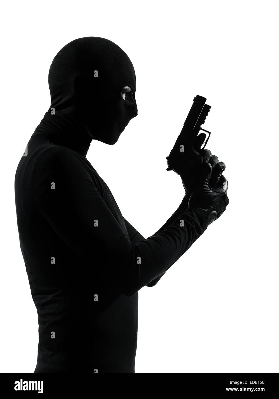 Voleur criminels attentats holding gun portrait en silhouette studio isolé sur fond blanc Banque D'Images