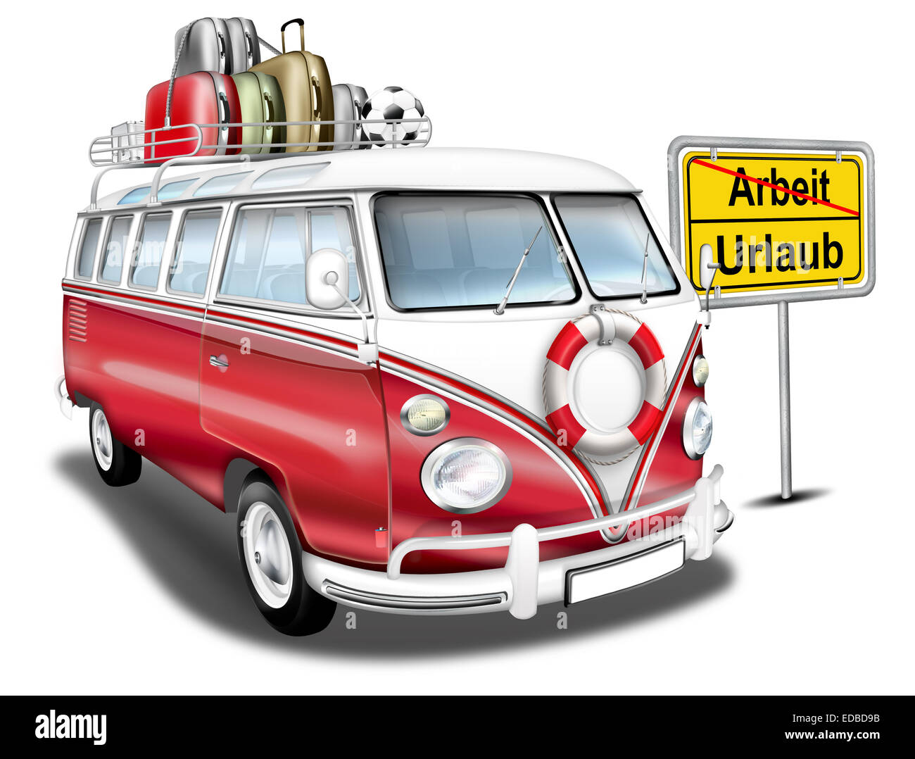 Bus VW, VW Bus T1, l'Allemand vintage car comme un camping-car, rouge et blanc, avec des limites de la ville signer 'Arbeit' et 'Urlaub' Banque D'Images