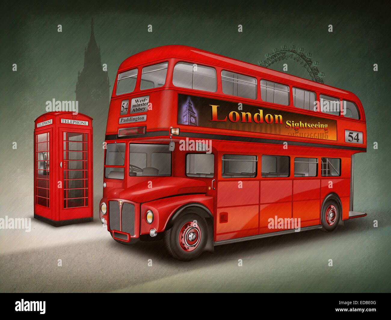 London bus à double étage ou Routemaster, avec cabine téléphonique, Big Ben, illustration Banque D'Images