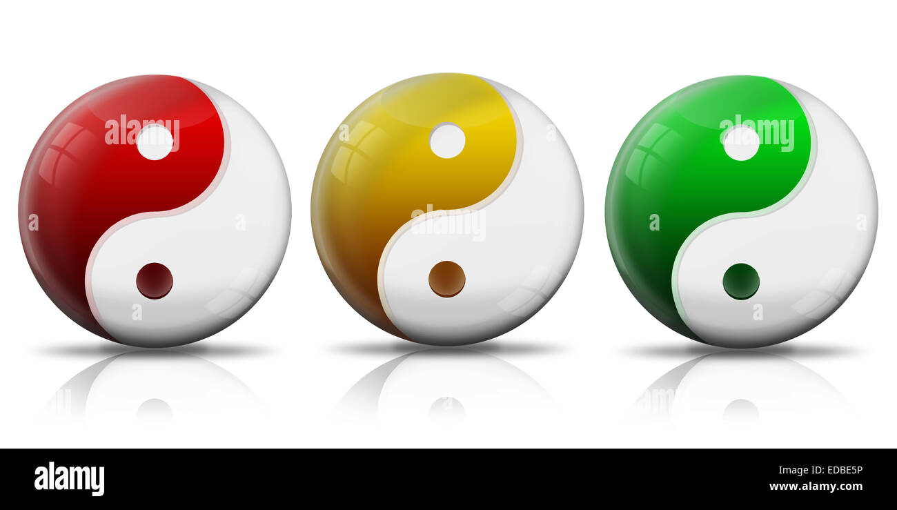 Les symboles Yin et yang, rouge, jaune, vert, illustration Banque D'Images