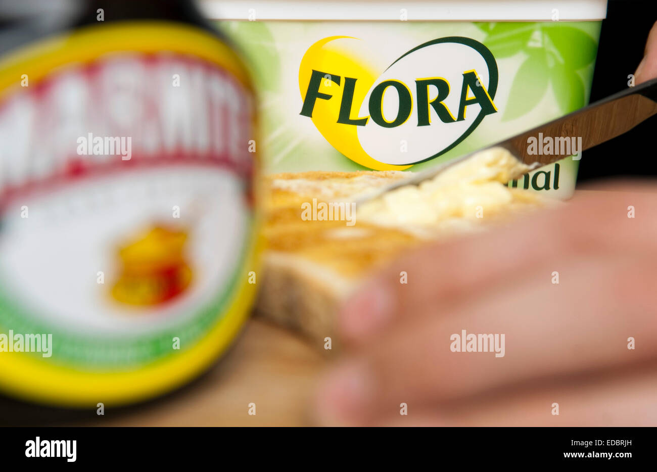 Image d'illustration de la marmite et la flore propagation Original, deux produits alimentaires Unilever. Banque D'Images