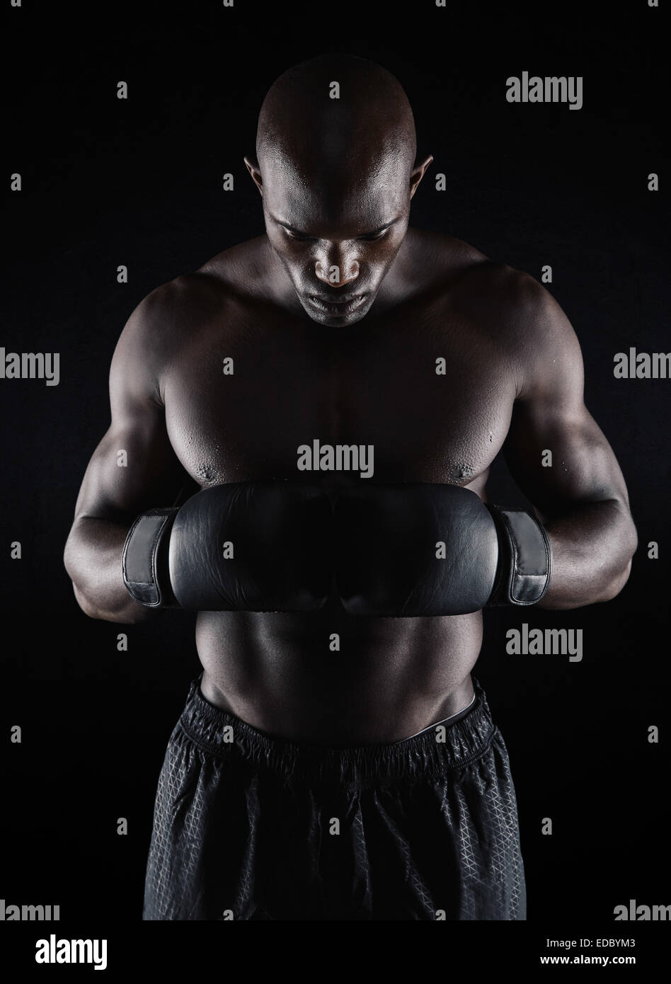 Portrait de jeune homme fit boxing sur fond noir. La préparation pour ...
