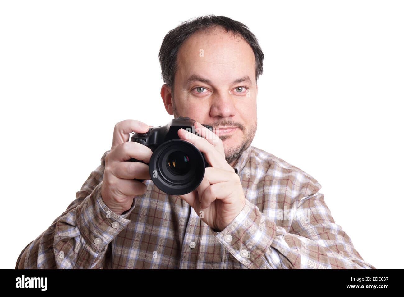 L'homme avec l'appareil photo reflex numérique Banque D'Images