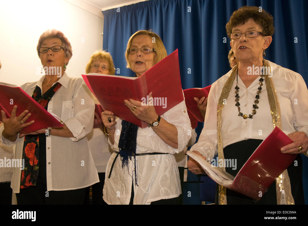 Women's Institute (wi) membres chantant à l'époque de Noël dans village hall, Whitehill, près de BORDON, HAMPSHIRE, Royaume-Uni. Banque D'Images