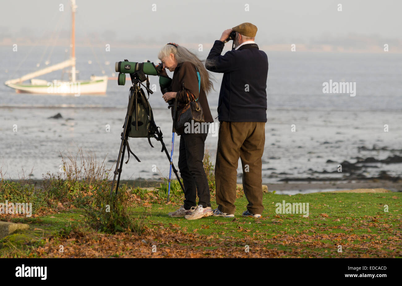 Deux personnes l'observation des oiseaux sur la rivière Stour Manningtree England UK Banque D'Images