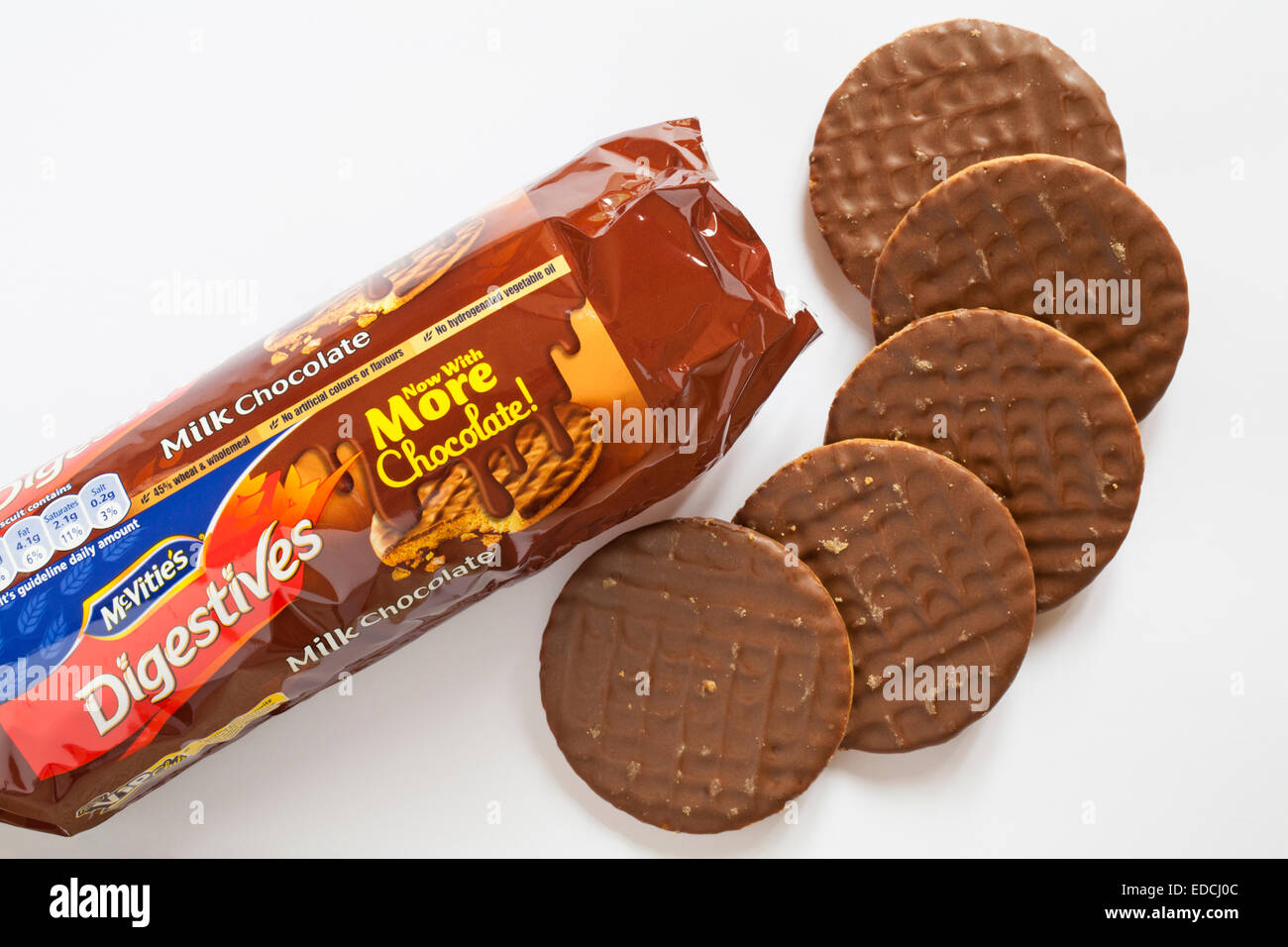 Ouvert sachet de McVitie's chocolat au lait biscuits digestifs mis sur fond blanc Banque D'Images