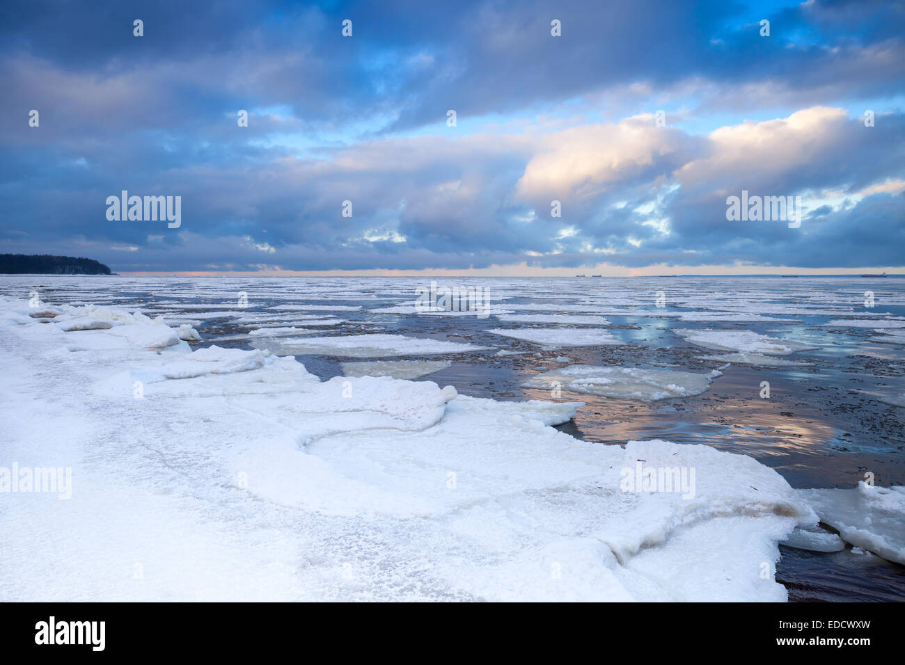 Paysage côtier d'hiver avec des glaces flottantes sur l'eau calme. Golfe de Finlande, Russie Banque D'Images