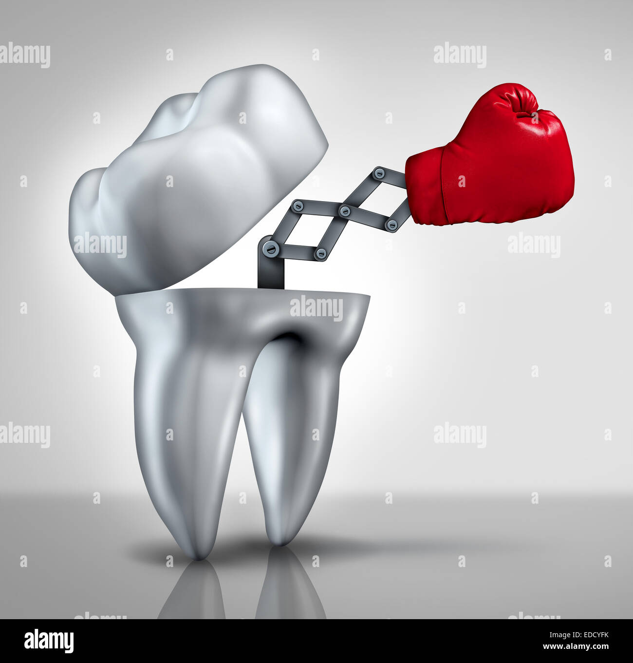 La lutte contre les caries dentaires et les soins de santé comme un concept d'une molaire avec un gant de boxe rouge pour lutter contre les caries dentaires comme un symbole de l'hygiène dentaire et dentiste services. Banque D'Images