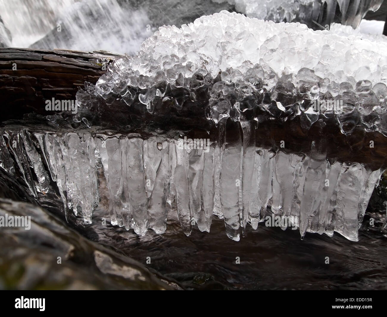 Libre de glaçons et l'eau gelée entourant un journal au fond d'une cascade. Banque D'Images