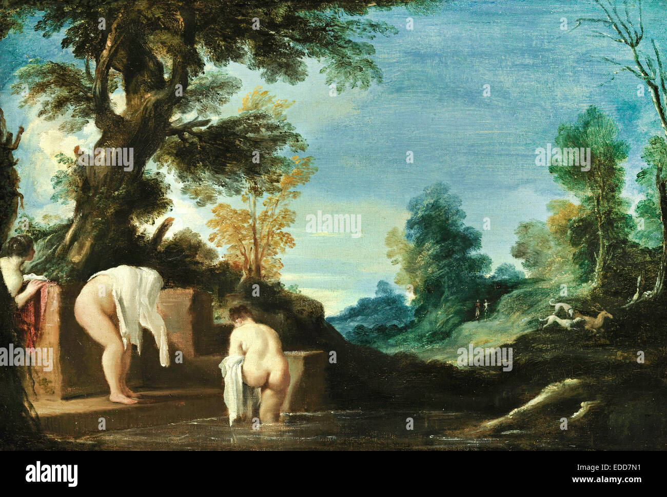 Le Guerchin, paysage avec le bain des femmes. Circa 1621. Huile sur toile. Le Musée Boijmans Van Beuningen, Rotterdam, Pays-Bas. Banque D'Images