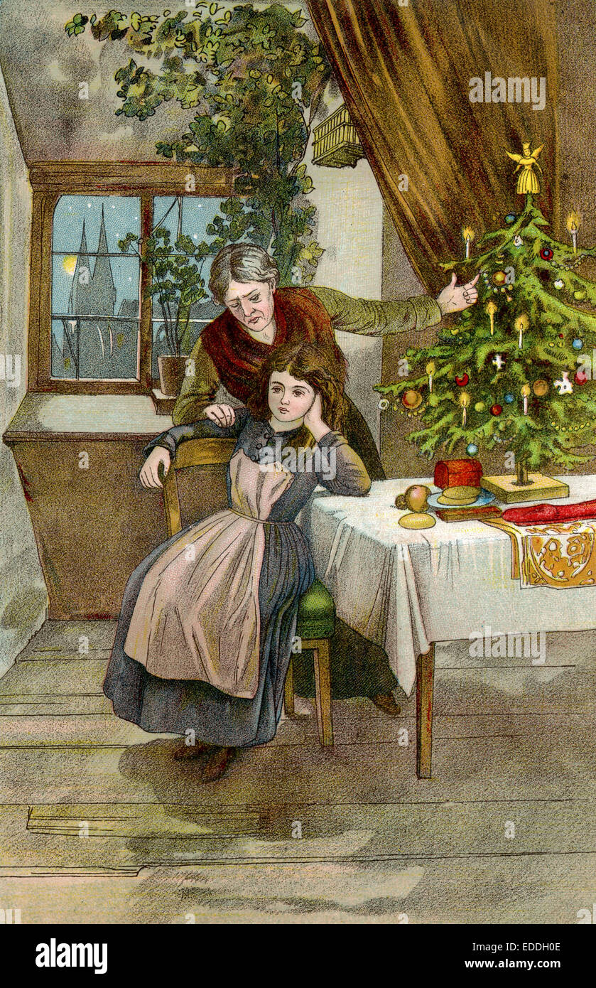 Weihnachten. Ältere Frau macht jungem Vorhaltungen Mädchen. Illustration aus einem Kinderbuch des 19. Jahrhunderts Banque D'Images