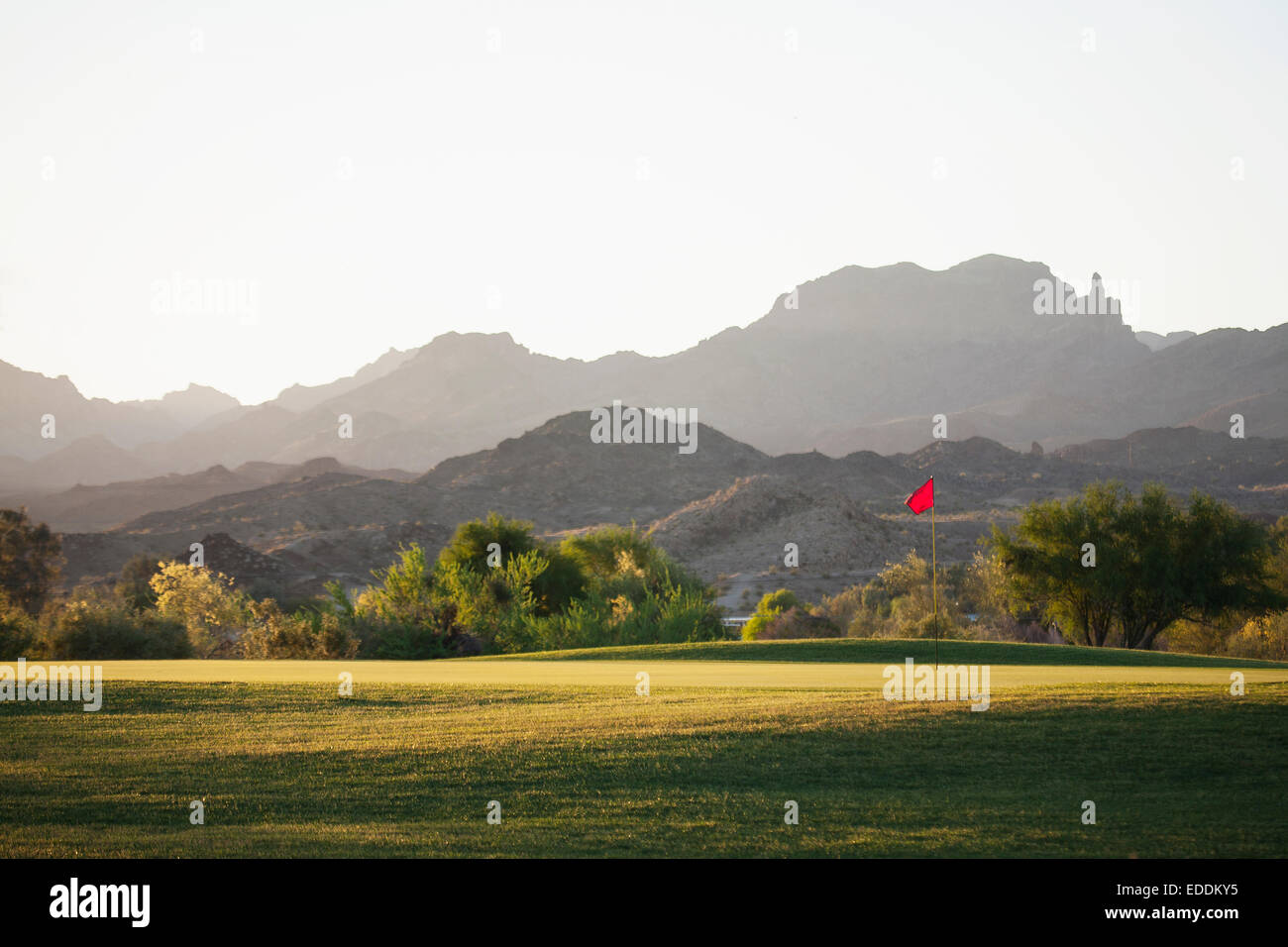 Un terrain de golf en Arizona, et une vue sur les montagnes. Banque D'Images
