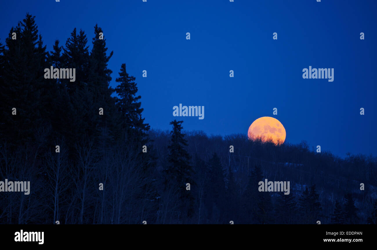 Une pleine lune dans un ciel bleu foncé. Banque D'Images