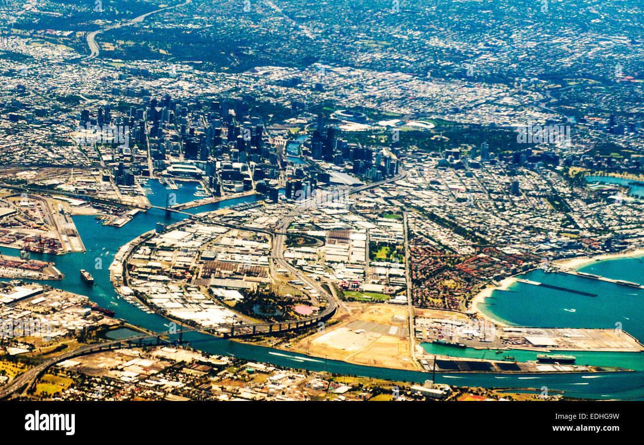 Vue aérienne de Melbourne et le fleuve Yarra. Banque D'Images