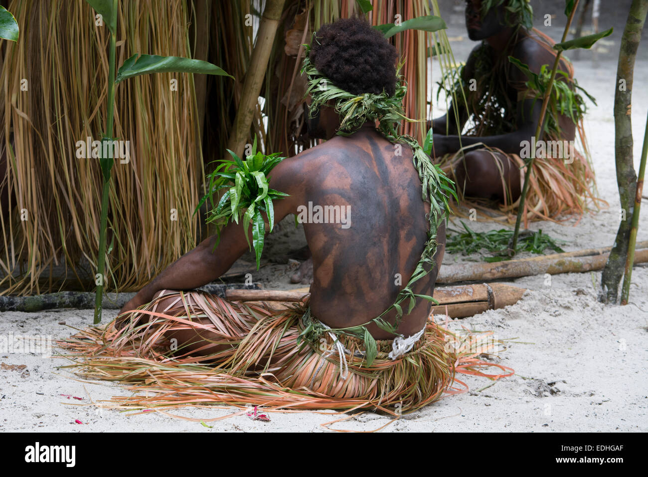 République de Vanuatu, Torres, Loh Island. Démonstration de danse folklorique de cérémonie. Les hommes en tenue de palm d'origine. Banque D'Images