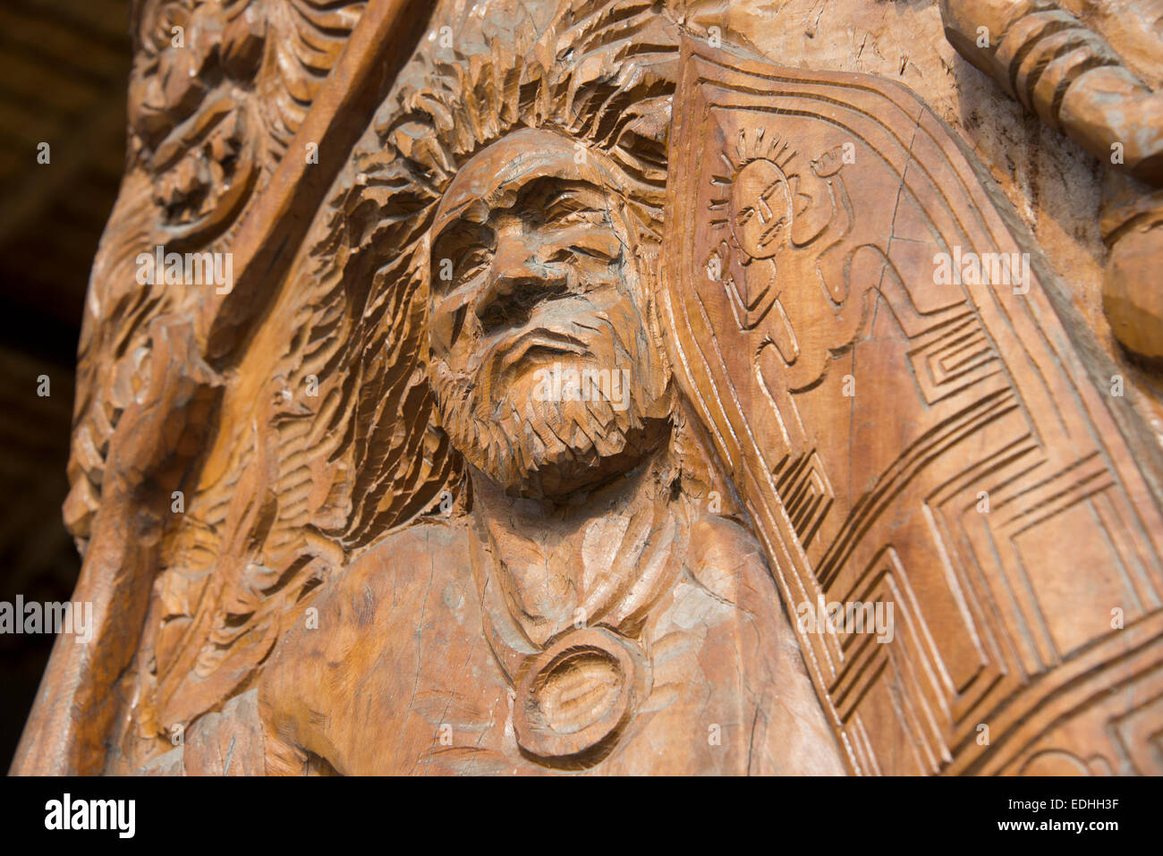 La Mélanésie, Îles Salomon, l'île de Guadalcanal, capitale de Honiara. Centre Culturel, détail de la sculpture sur bois. Banque D'Images