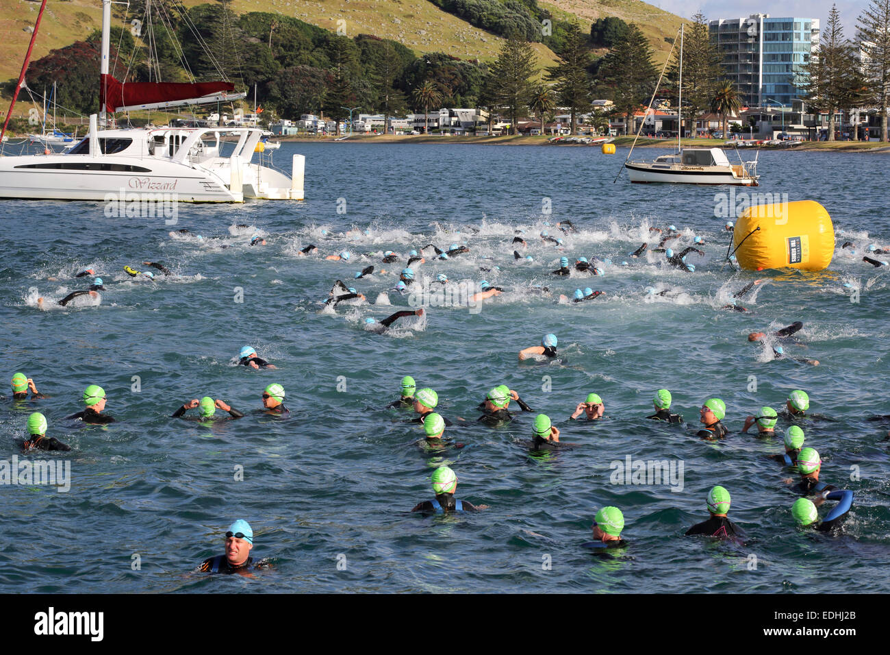 Les nageurs en triathlon à Mount Maunganui, Nouvelle-Zélande Banque D'Images