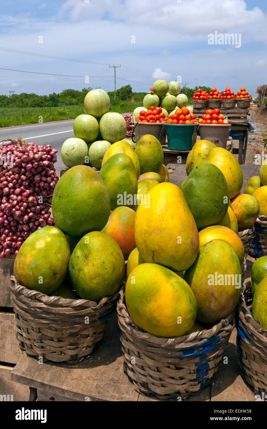 Fruits et légumes en bordure de la stalle, Greater Accra, Ghana, Afrique Banque D'Images