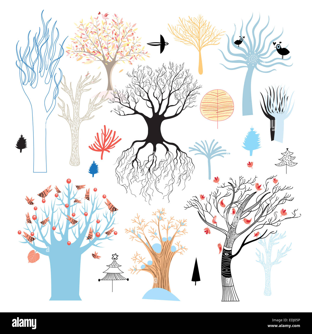 Collection graphique d'arbres sur un fond blanc. Vector illustration Banque D'Images