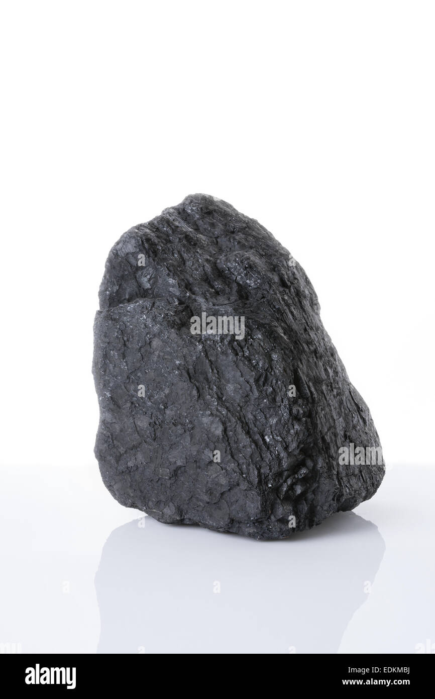 Un grand morceau de charbon bitumineux noir sur fond blanc carbone Banque D'Images