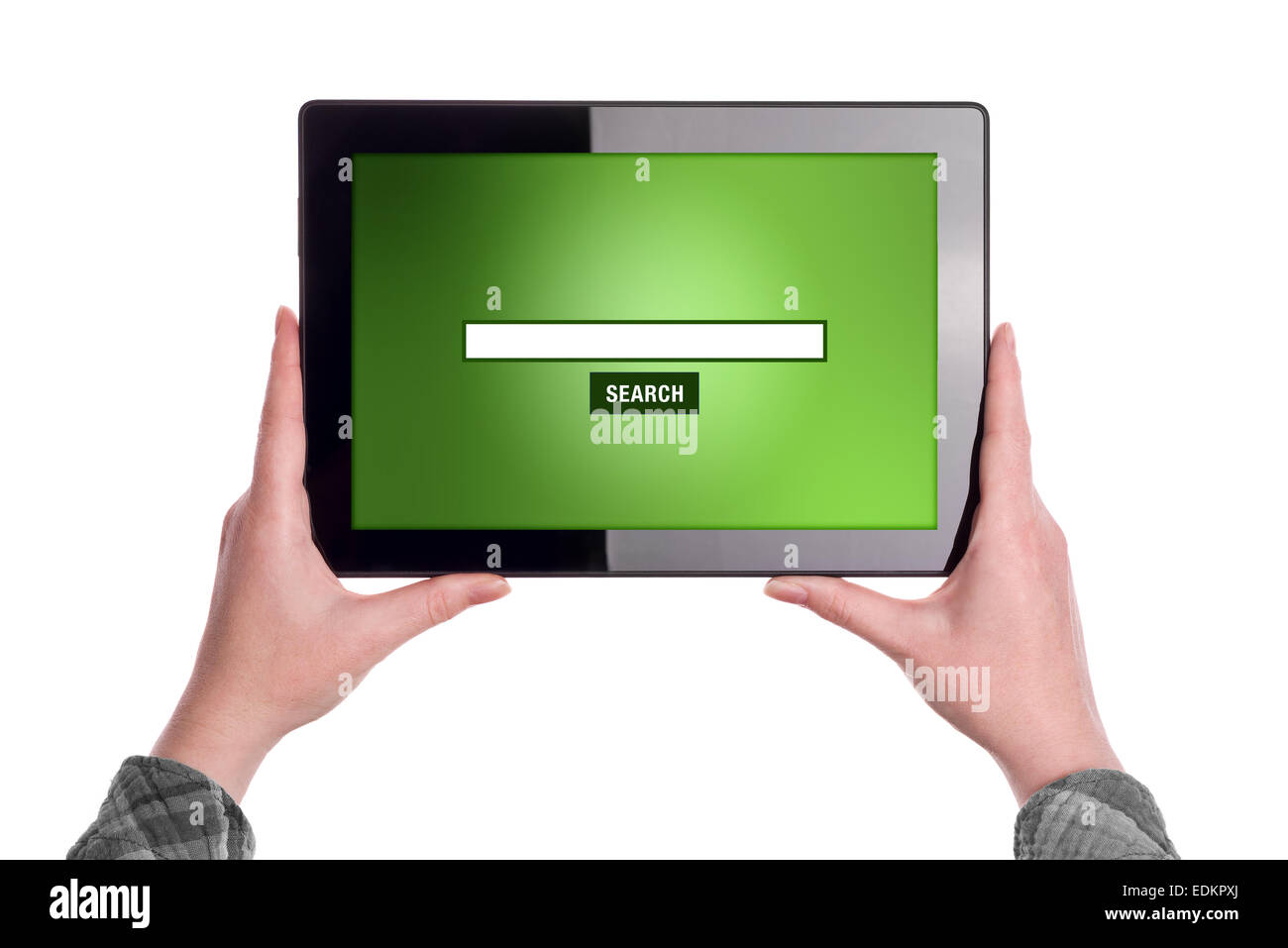 La recherche sur Internet Tablet Concept, Hands Holding Digital Tablet Computer isolé sur fond blanc Banque D'Images