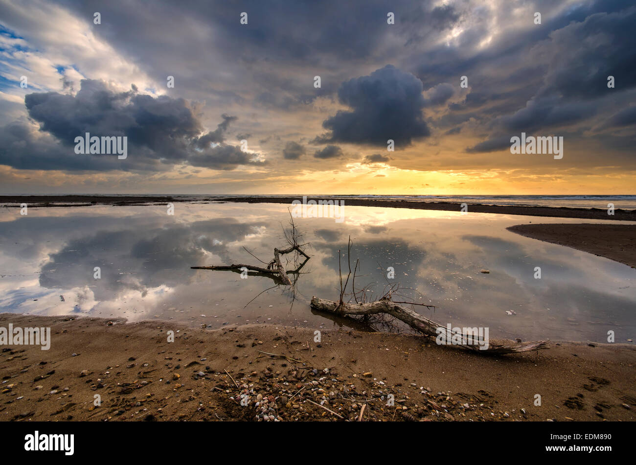 Coucher du soleil avec un bois flottant Banque D'Images