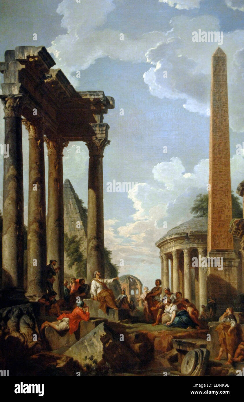 Giovanni Paolo Panini (1691-1765). Peintre italien. Capriccio architectural avec un prédicateur en ruines romaines. 1745-1750. Musée du Louvre. Paris. La France. Banque D'Images