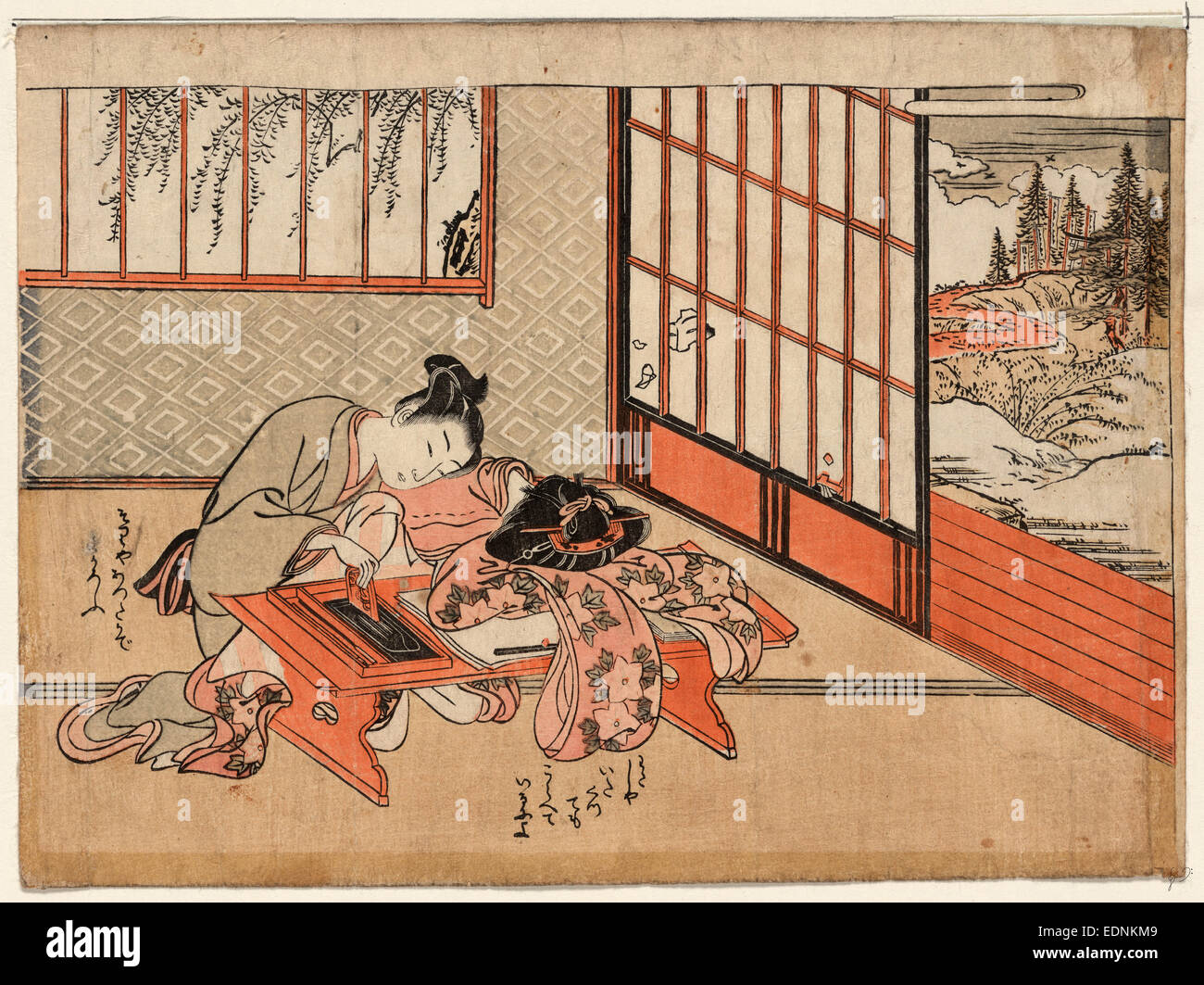 Kisaragi, Kisaragi : le deuxième mois., Isoda Koryusai, active, 1764-1788, l'artiste, [1772 ou 1773], 1 tirage : gravure sur bois, couleur ; 19,2 x 26,1 cm., imprimer montre un homme et une femme à une table basse dans une chambre avec fenêtre et vue sur le paysage ; la femme est posant sa tête sur ses bras sur la table. Banque D'Images