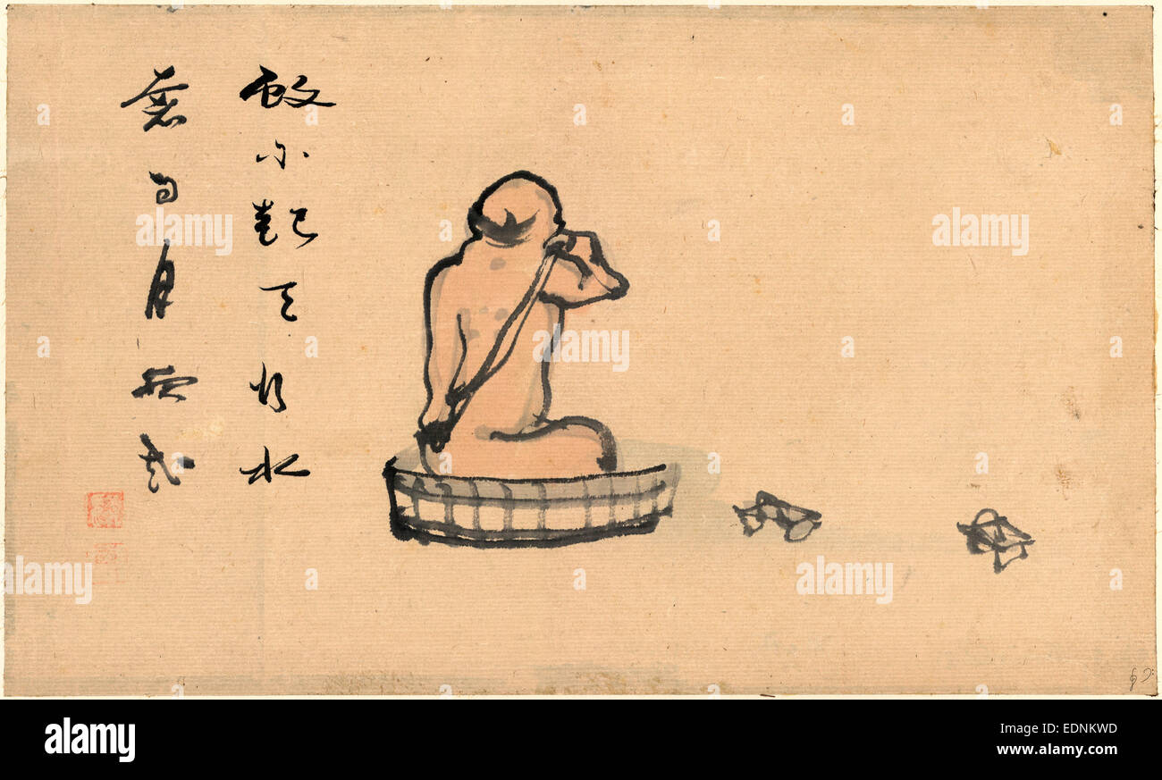 [Un homme âgé, vu de derrière, le bain dans une baignoire en bois], [entre 1750 et 1850], 1 dessin : la couleur. Banque D'Images