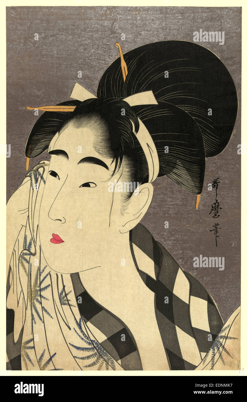 Ase o fuku onna, Woman wiping sweat., Kitagawa Utamaro, 1753 ?-1806, l'artiste, [1798, imprimées entre 1918 et 1923], 1 tirage : gravure sur bois, couleur., montre une impression tête-et-épaules portrait of a young woman wiping son visage. Banque D'Images
