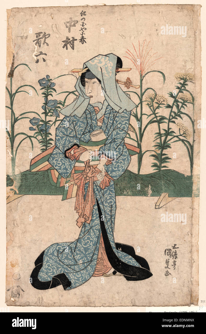 Nakamura karoku aucun kinokuniya n, l'acteur Nakamura Karoku dans le rôle de Kinokuniya n., Utagawa Toyokuni,, 1786-1865, l'artiste, [entre 1825 et 1830], 1 tirage : gravure sur bois, couleur ; 37,9 x 24,5 cm., imprimer l'acteur Nakamura Karoku montre, dans un rôle de l'onnagata courtisane Kinokuniya n, pleine longueur, debout, contraignant ses cuisses avec un long ruban, de la jouer dix Shinju no Amijima ; un écran permanent floral peint avec une scène est dans l'arrière-plan. Banque D'Images