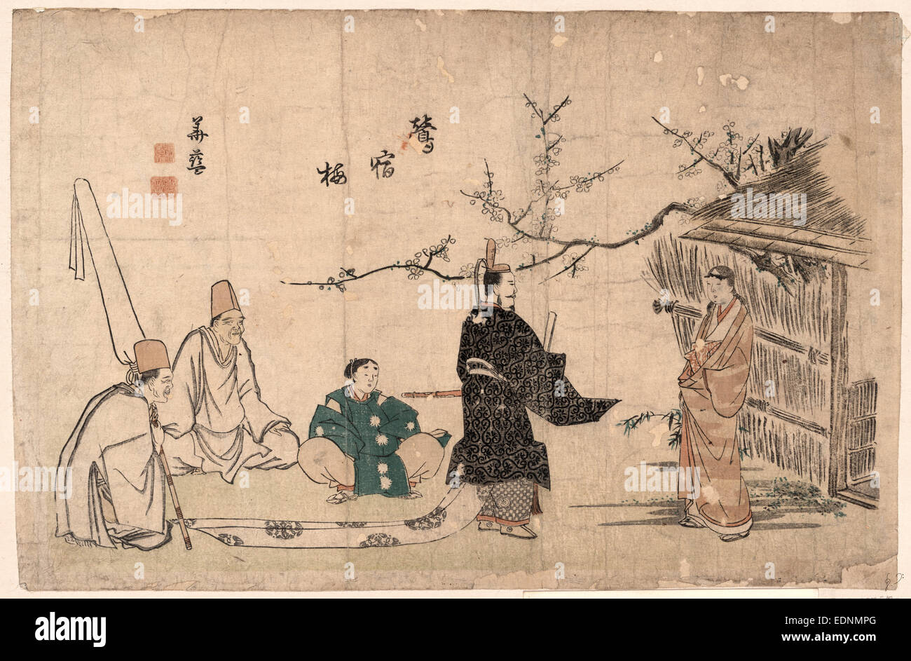Oshukubai, période Heian tale du rossignol dans le prunier., Kitao Shigemasa,, 1739-1820, l'artiste, [1795 ou 1796], 1 tirage : gravure sur bois, couleur ; 24,7 x 37,4 cm., imprimer une affiche officielle royale portant une longue robe, avec trois agents de bord, debout devant une femme habillée à l'extérieur d'un bâtiment à travers lequel un humble prunier est de plus en plus. L'officiel peut être exigeant que le prunier, dans lequel le rossignol chante, être déplacé à l'empereur's garden. Banque D'Images