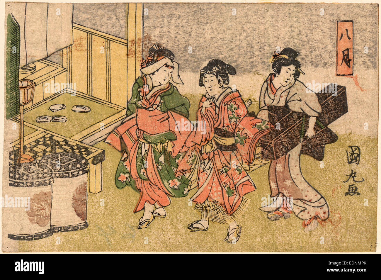 Hazuki, huitième mois. Utagawa Kunimaru,,, ca. 1787-1817, l'artiste, [entre ca. 1818 et 1830], 1 tirage : gravure sur bois, couleur ; 11,3 x 17 cm., Imprimer affiche trois femmes à un yoshiwara. Banque D'Images