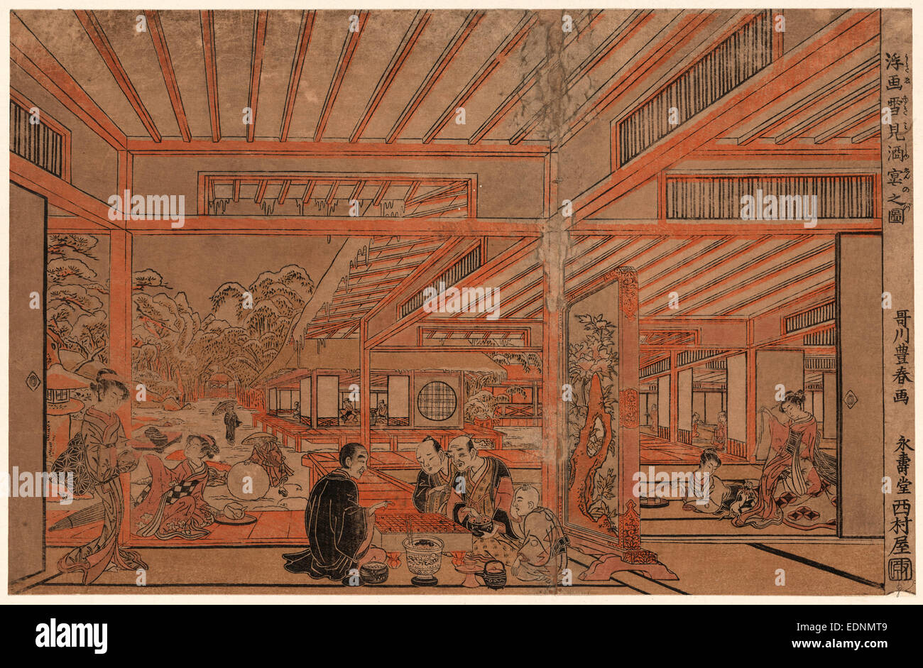 Ukie yukimi shuen no zu, Perspective photo d'une beuverie affichage de la neige., Utagawa, Toyoharu, 1735-1814, l'artiste, [entre 1772 et 1774], 1 tirage : gravure sur bois, couleur ; 24,1 x 37,3 cm., Imprimer affiche une vue à travers plusieurs pièces de petites réunions, des hommes jouant jeu de société, des femmes jouant avec animaux domestiques, boire du thé, et à l'extérieur dans la neige, le matériel roulant des boules de grande taille. Banque D'Images
