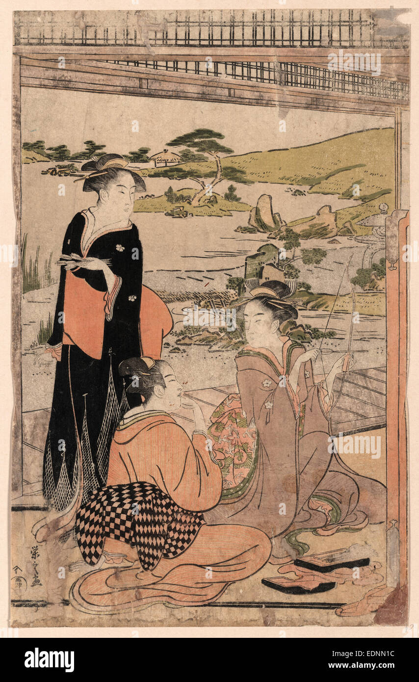 Yokyu, tir à l'ARC., Hosoda, Eishi, 1756-1829, l'artiste, [entre 1787 et 1790], 1 tirage : gravure sur bois, couleur ; 37,6 x 24,1 cm., Imprimer affiche trois femmes s'amusent tirant des flèches. Banque D'Images