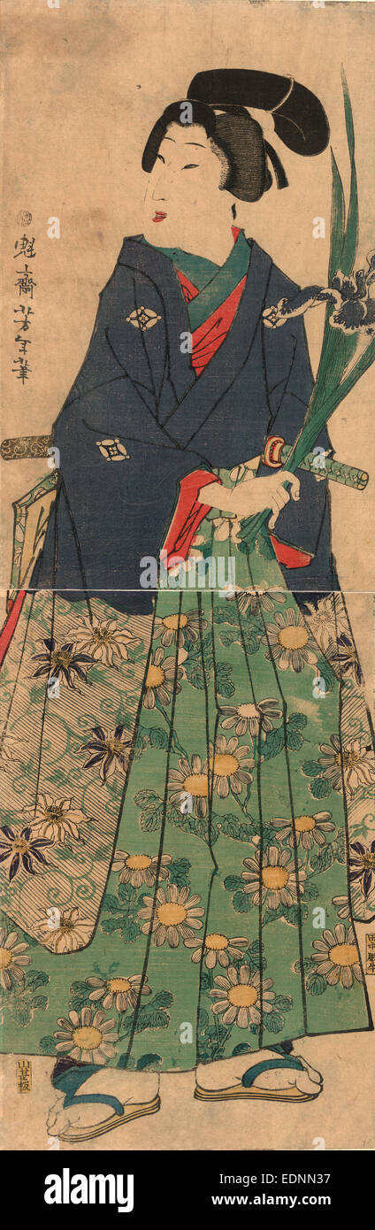 Kakitsubata o matsu wakashu, jeune dandy transportant iris., Taiso Yoshitoshi,, 1839-1892, l'artiste, 1866., 1 : impression gravure sur bois, couleur ; 36,3 x 23,7 cm (panneau supérieur), 34,7 x 23,7 cm (panneau du bas), l'impression montre un portrait en pied d'un homme tenant un iris. Banque D'Images