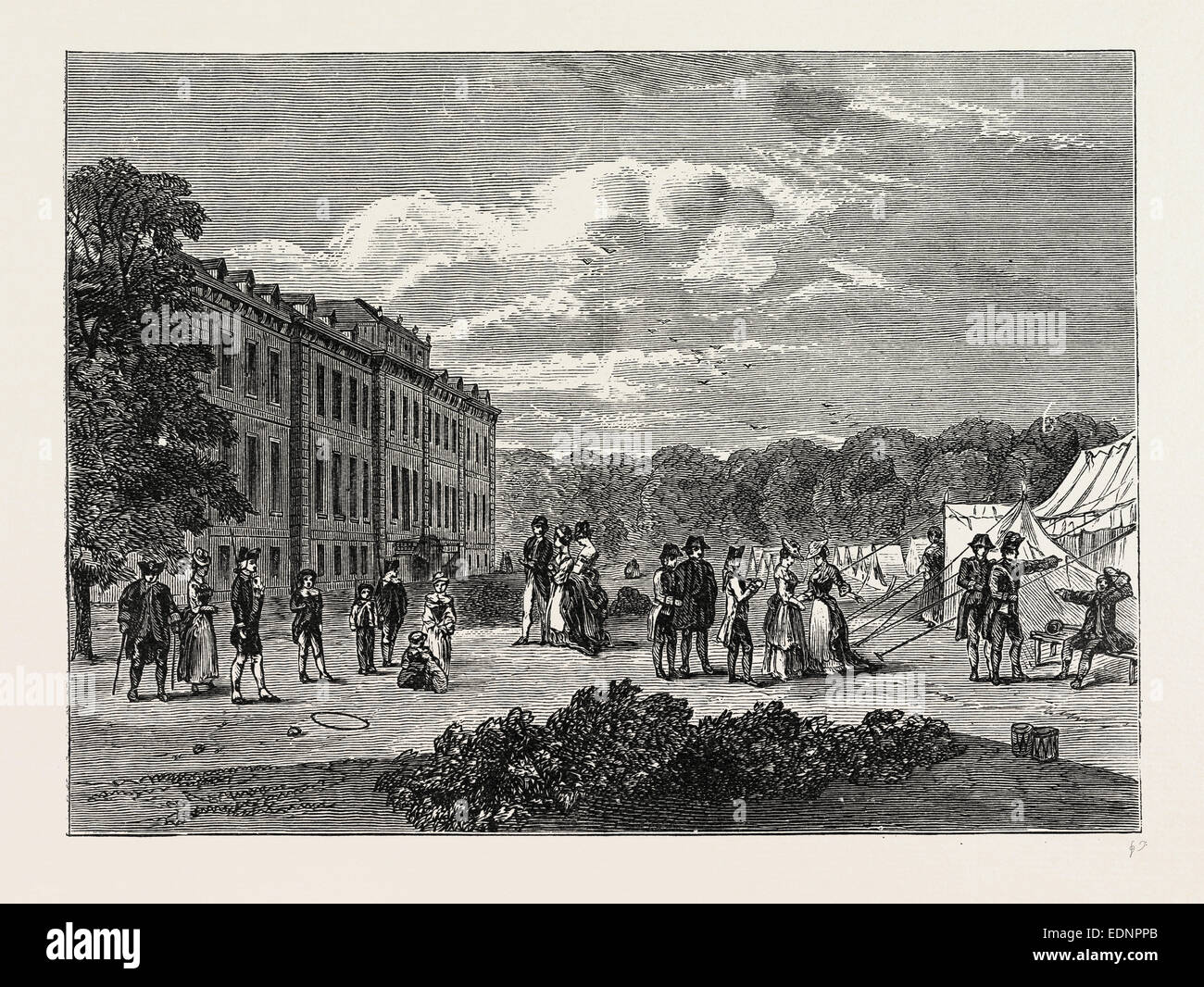 Campement DANS LES JARDINS DE MONTAGU HOUSE, 1780. Londres, Royaume-Uni, la gravure du xixe siècle Banque D'Images
